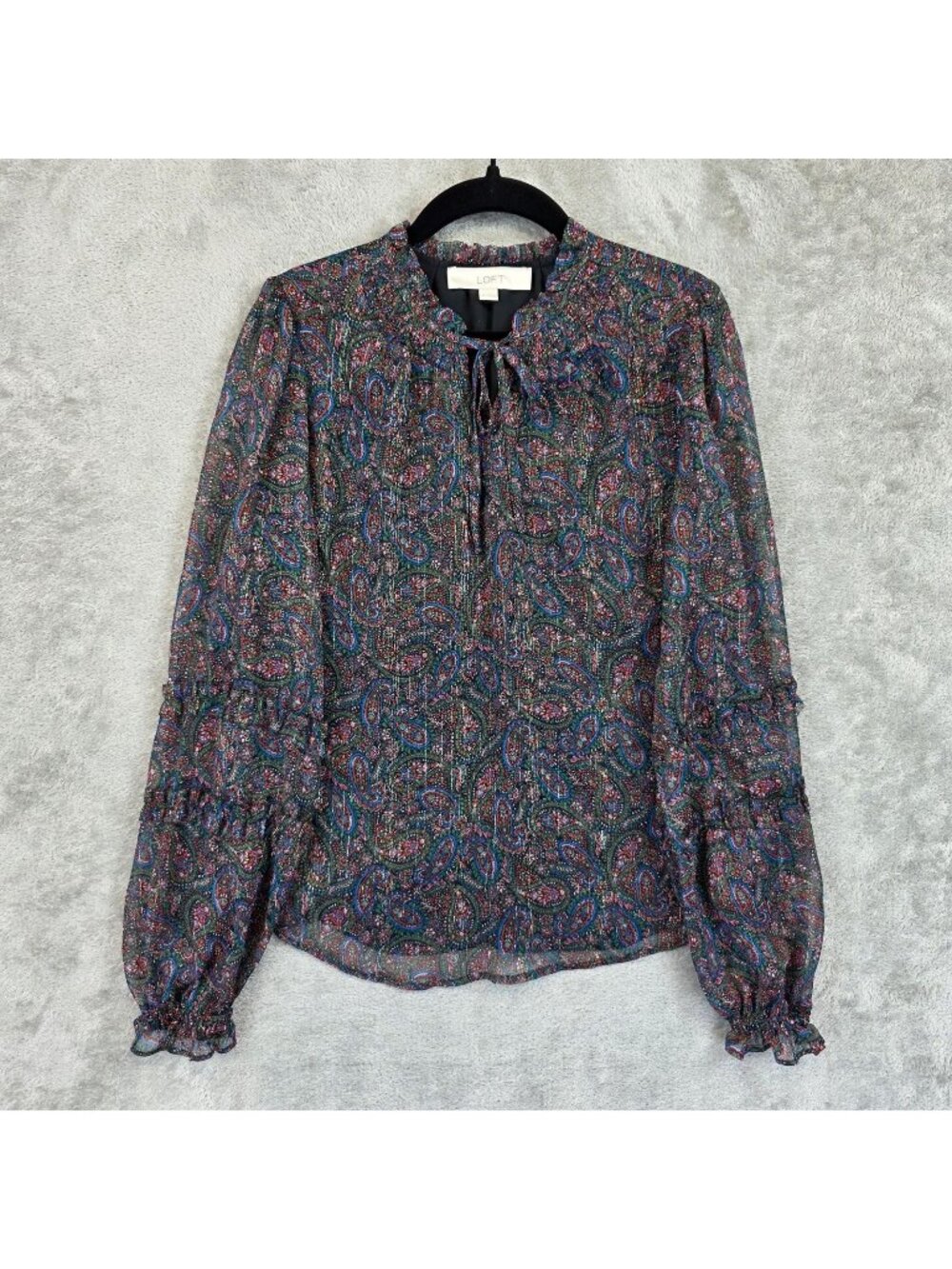 LOFT Blouse Womens XS Multicolor Round Neck Long Sleeve Paisley Ruffle Sheer Top